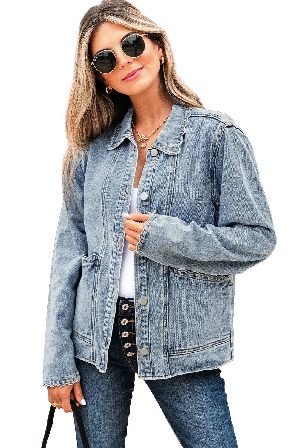 Blue Scallop Trim Collar Patched Pocket Button Up Mineral Washed Denim Jacket