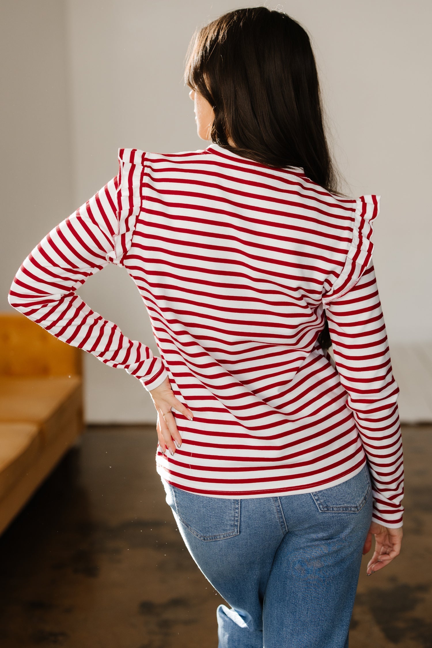 Stripe Round Neck Ruffle Trim Long Sleeve Top - Tops/Long Tops