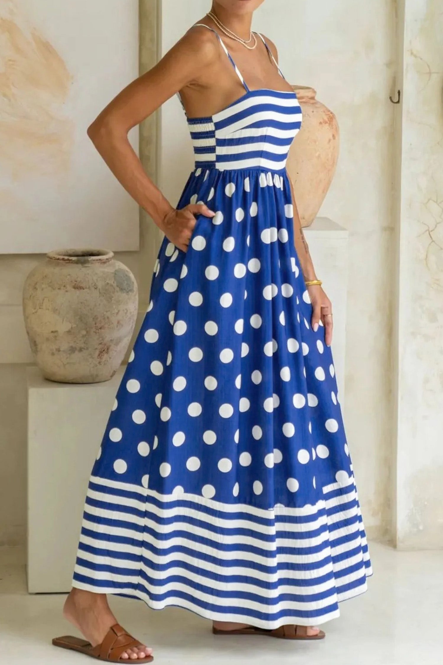 Striped Polka Dot Patchwork Maxi Dress – Blue