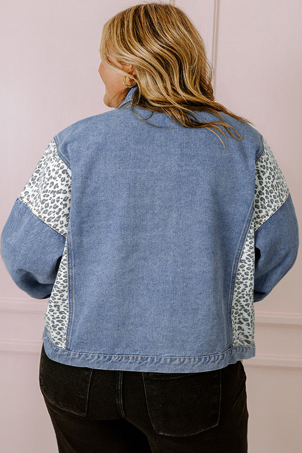Beau Blue Leopard Patchwork Flap Detail Plus Size Denim Jacket Beagle Boutique Fashion Outlet
