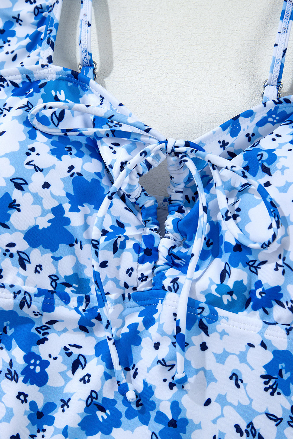 Blue Floral Ruffled Strap Lace-up Hollow Out One Piece Swimsuit eAura