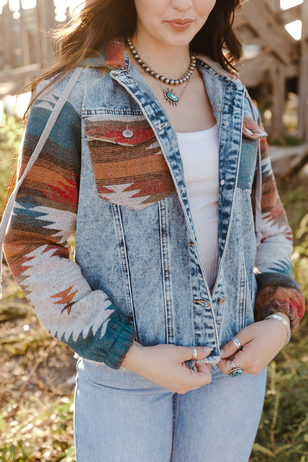 Multicolour Aztec Print Frayed Hem Denim Jacket eAura