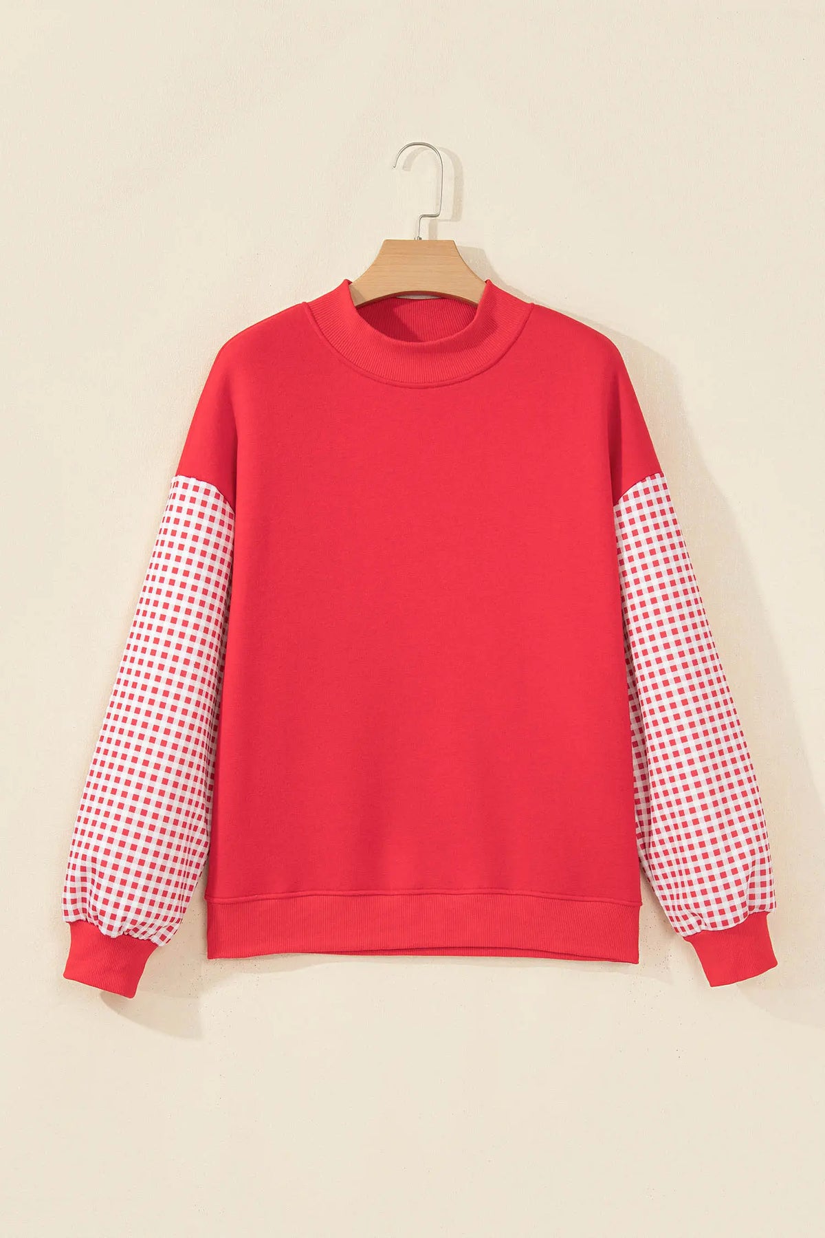 Plaid Sleeve Colourblock Loose Tunic Sweatshirt – Fiery Red