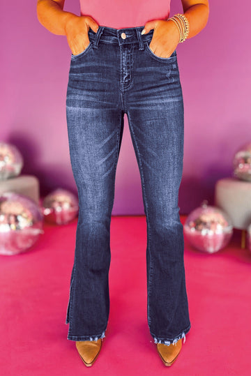 Wild Wind Medium Wash High Waist Split Flared Jeans Beagle Boutique Fashion Outlet