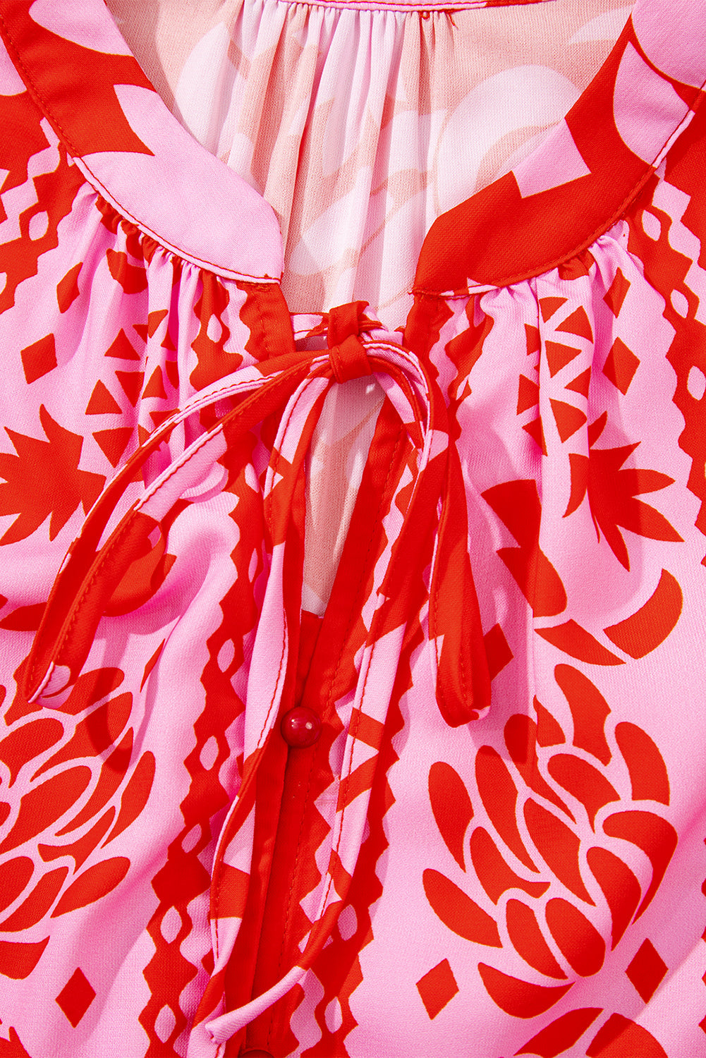 Abstract Floral Print Tie Neck Button Decor 3/4 Sleeve Blouse - eAura