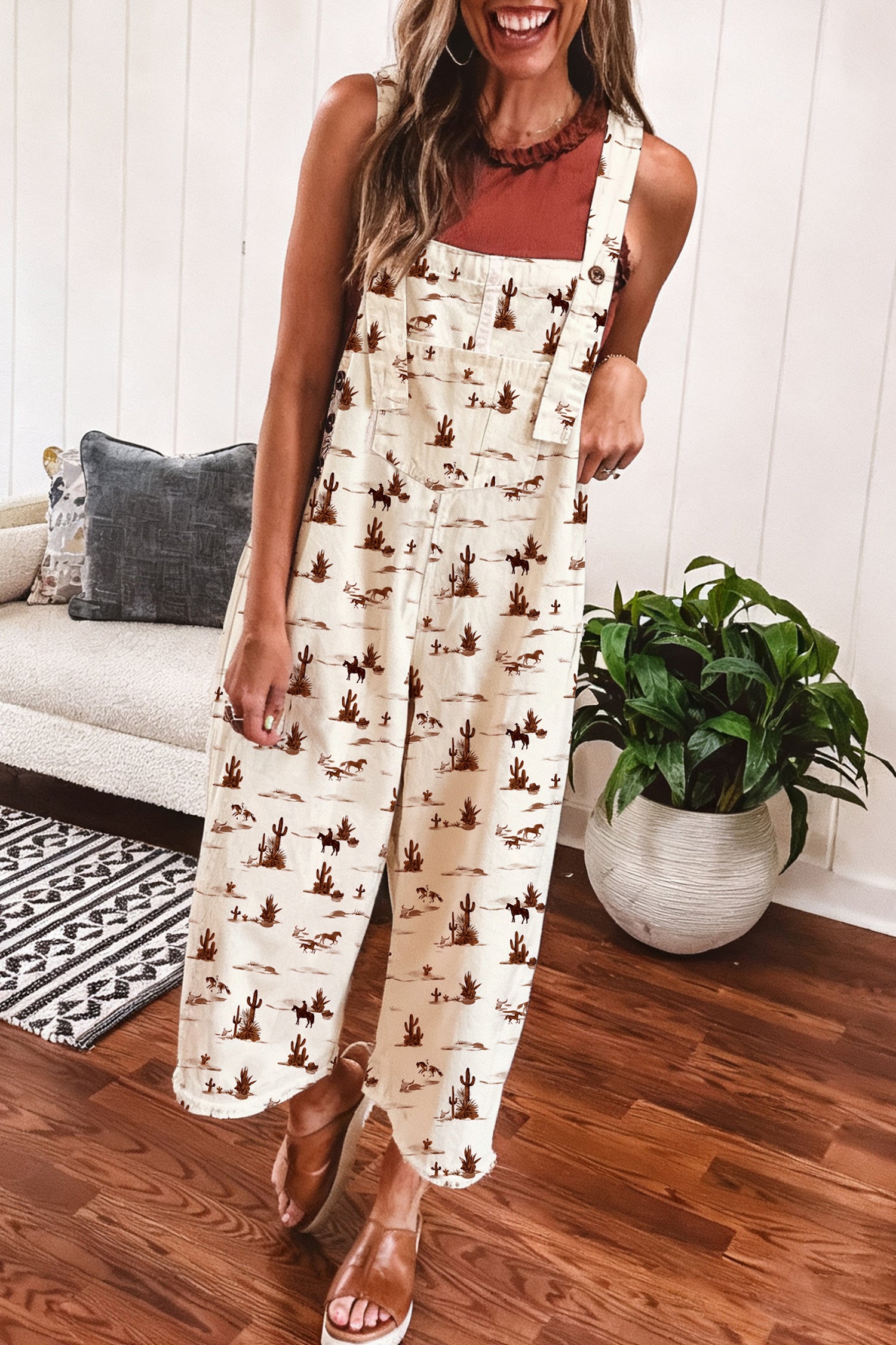 Western Printed Button Adjustable Straps Loose Jumpsuit Dungarees – Beige