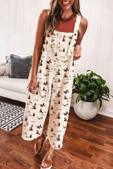 Western Printed Button Adjustable Straps Loose Jumpsuit Dungarees – Beige