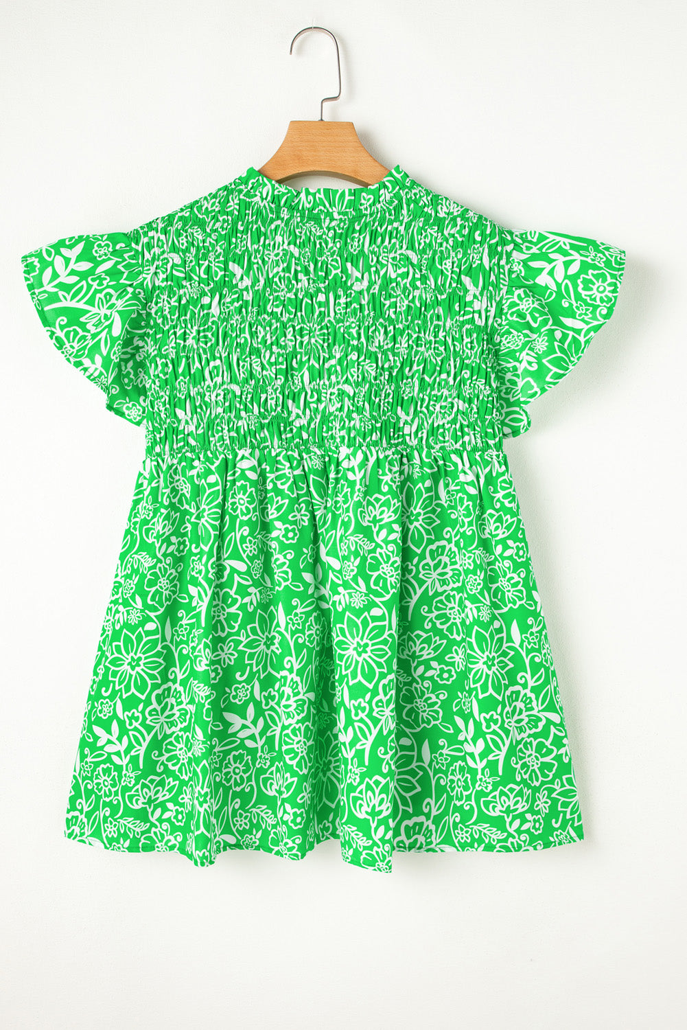 Green Floral Flutter Sleeve Shirred Notched Neck Plus Size Blouse BB Fashion Outlet