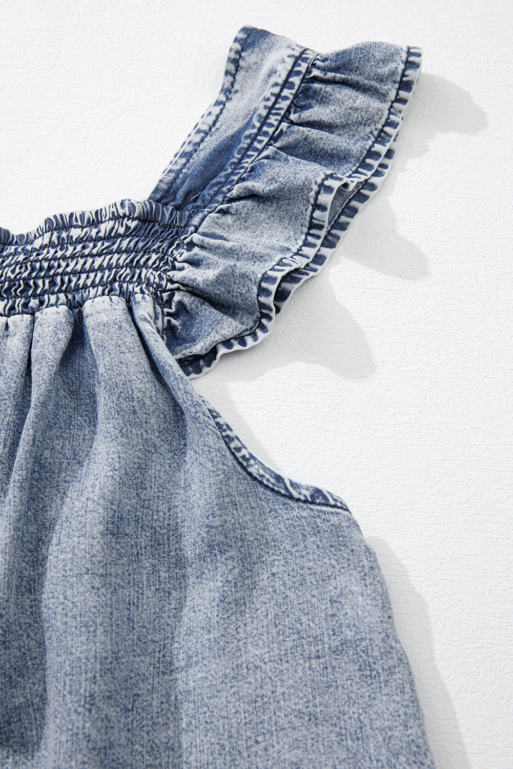 Ashleigh Blue Ruffled Shirred Neckline Sleeveless Denim Tank Top eAura