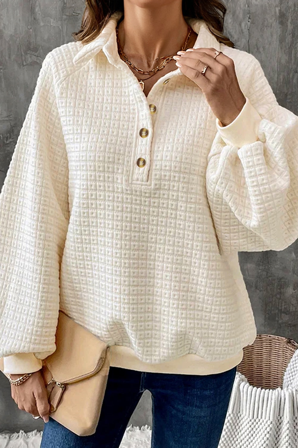 Pineapple Textured Half Button Collared Sweatshirt - eAura