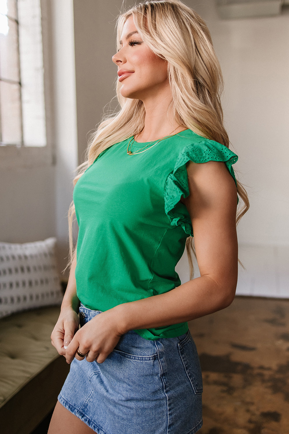 Dark Green Embroidered Ruffled Sleeve Slim Fit Crew Neck Top eAura