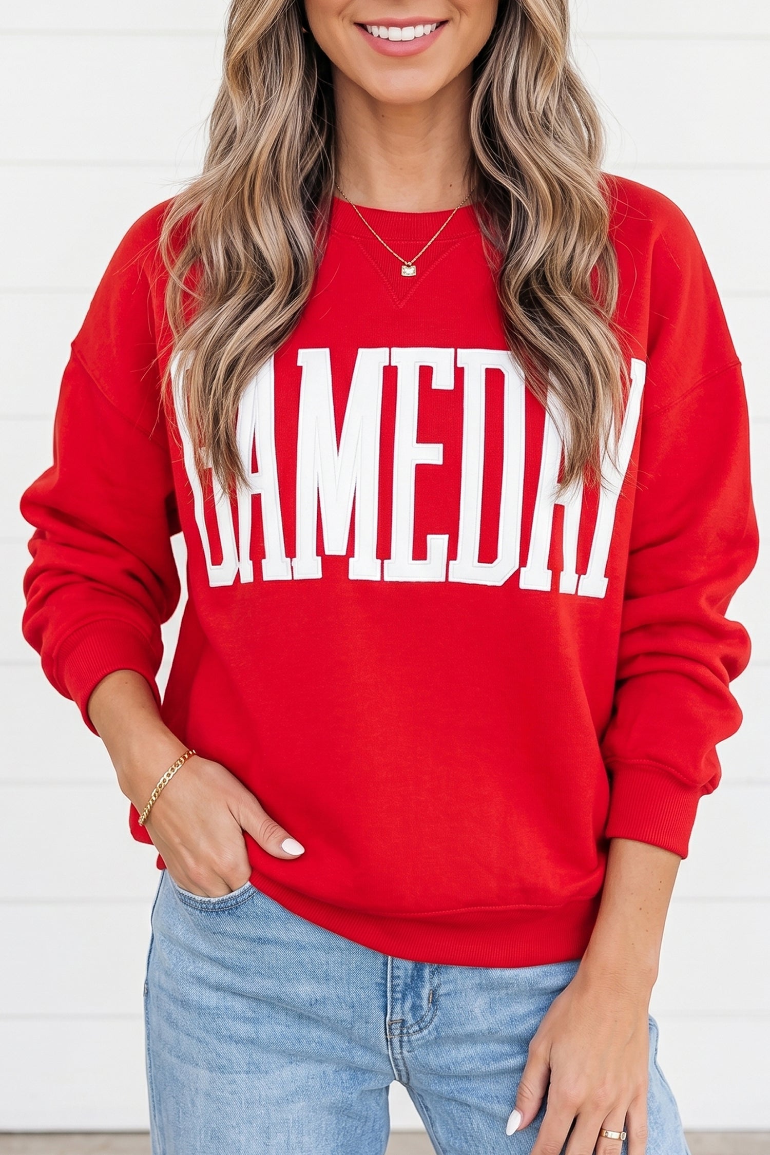 Sky Blue GAMEDAY Embroidered Patch Pattern Casual Shift Sweatshirt – Light Blue