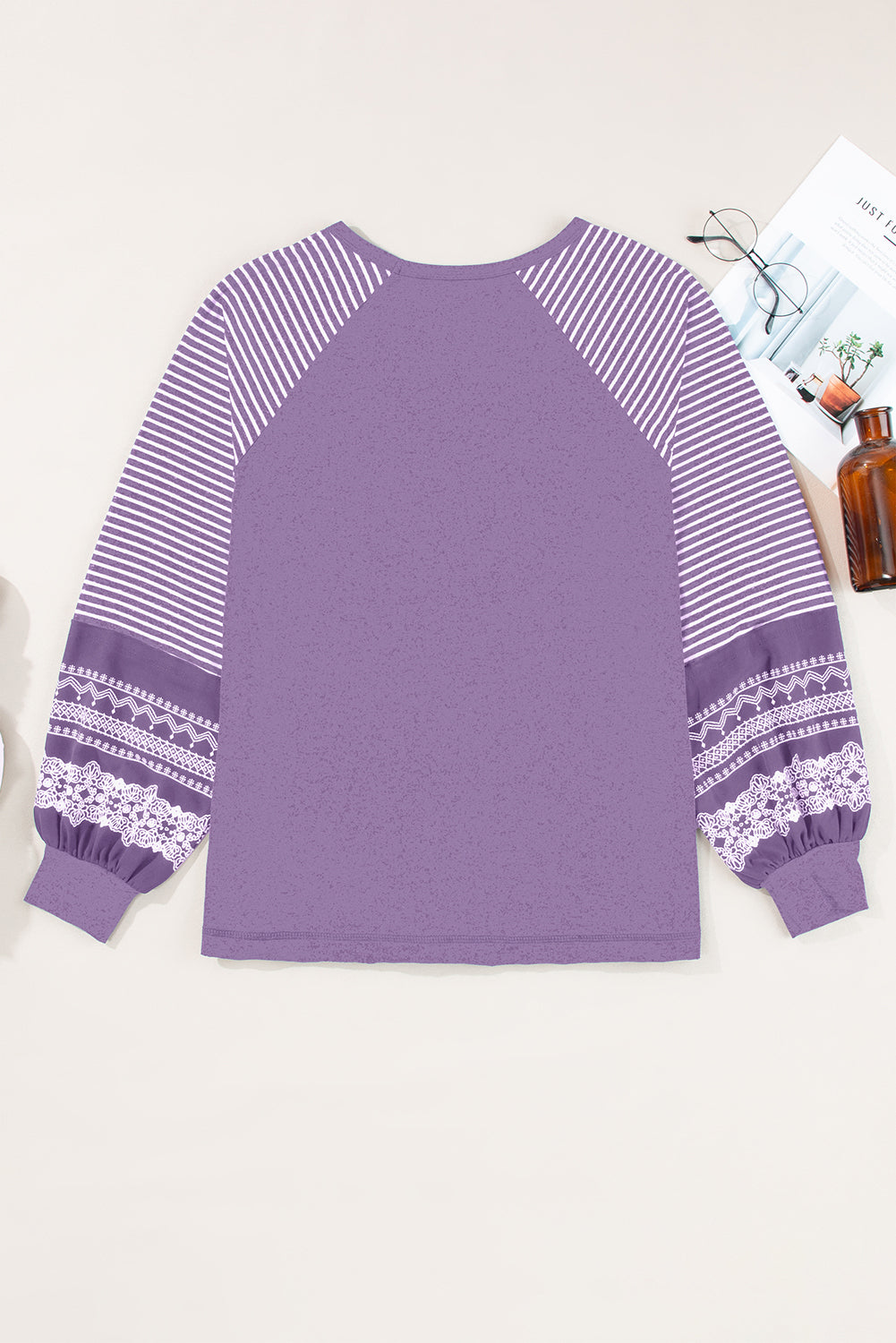 Contrast Print Striped Raglan Long Sleeve Loose Top - eAura