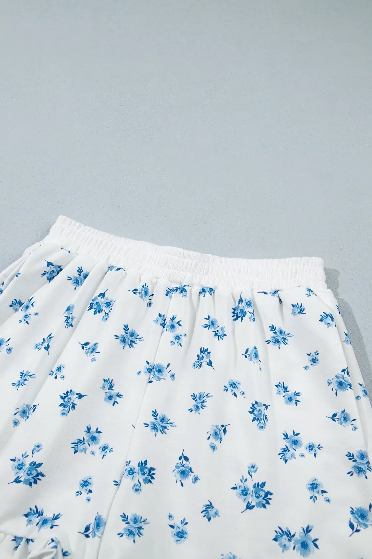 Floral Print Long Sleeve Top Elastic Waist Ruffle Hem Shorts 2pcs Set – Sky Blue