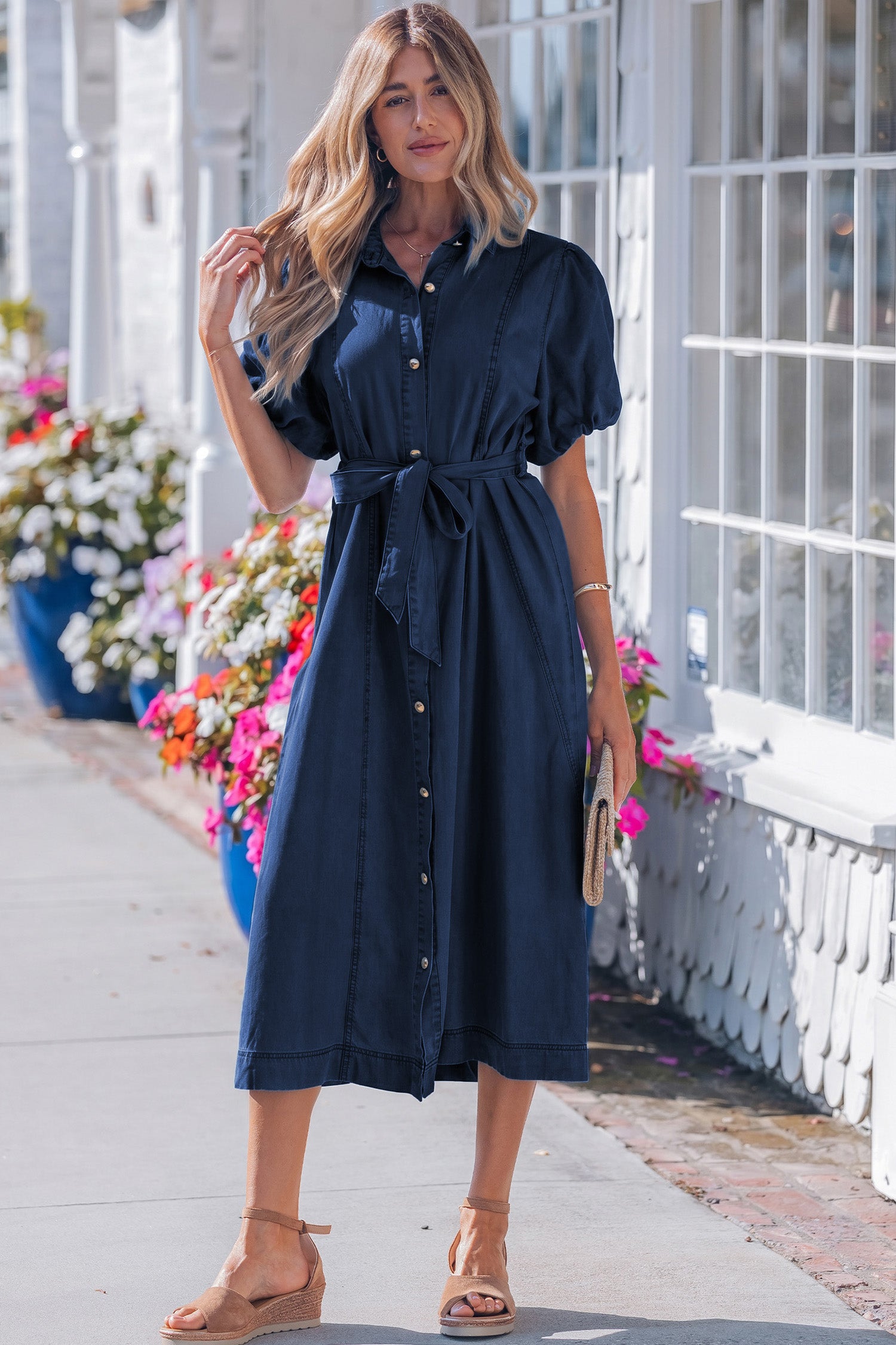 Full Button Collared Bubble Sleeve Long Denim Dress
