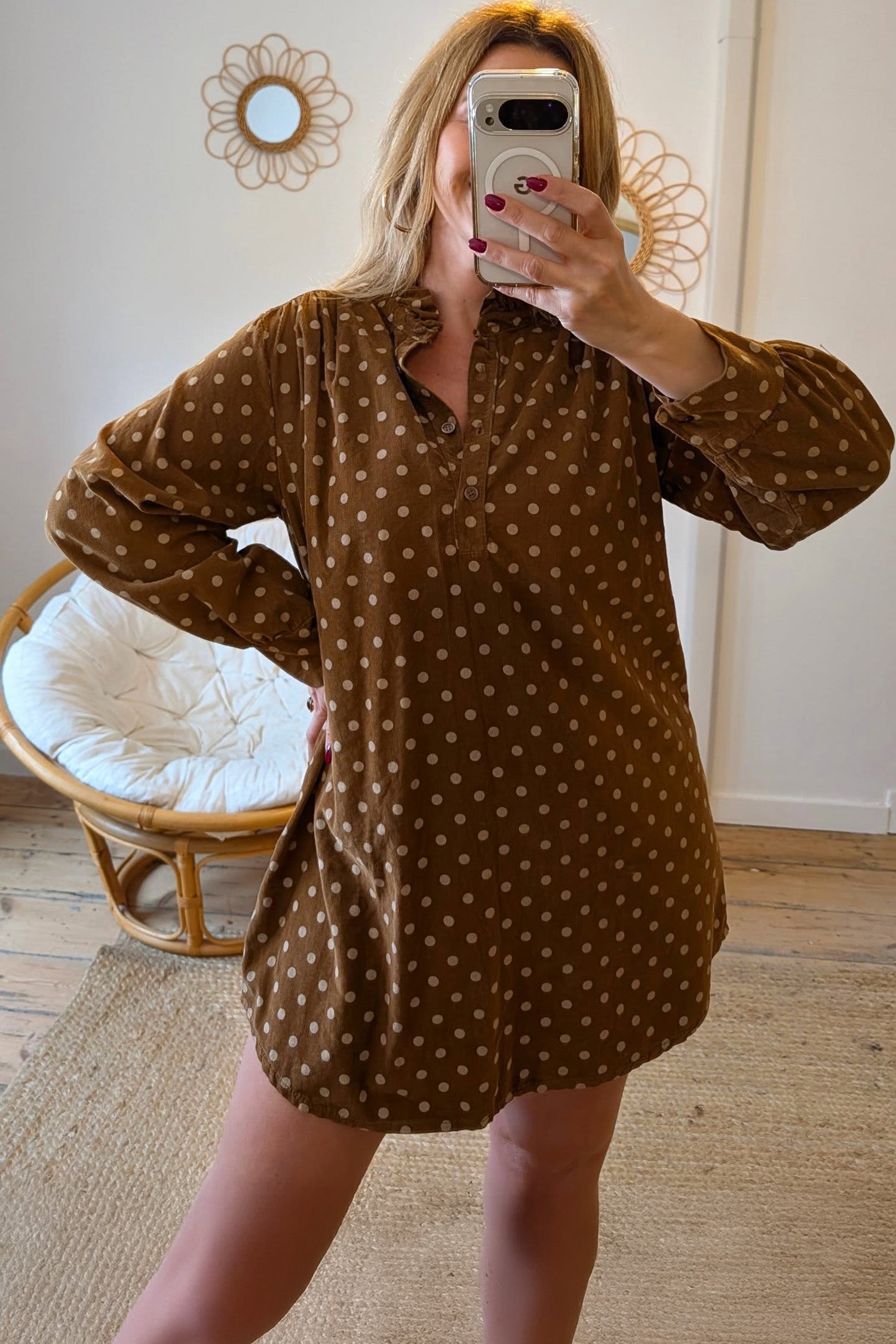 Polka Dot V Neck Long Sleeve Button Shift Dress – Brown
