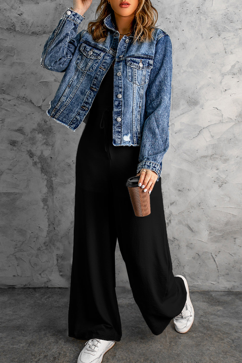 Spaghetti Strap Wide Leg Drawstring High Waist Jumpsuit