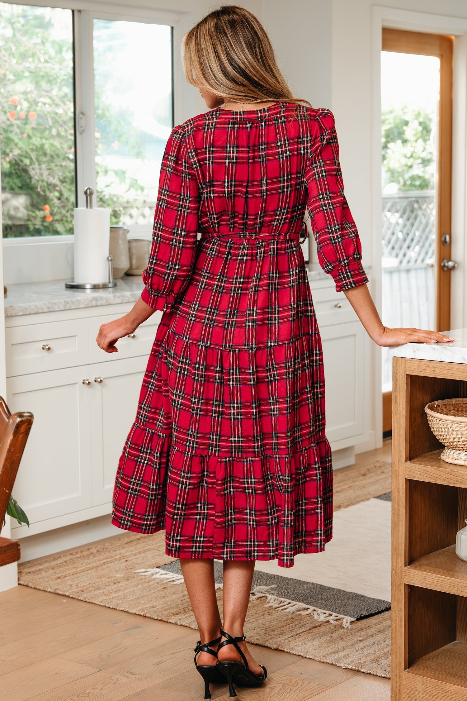 Christmas Plaid Print V-Neck 3/4 Sleeve Tie Waist Long Dress - Dresses/Maxi Dresses