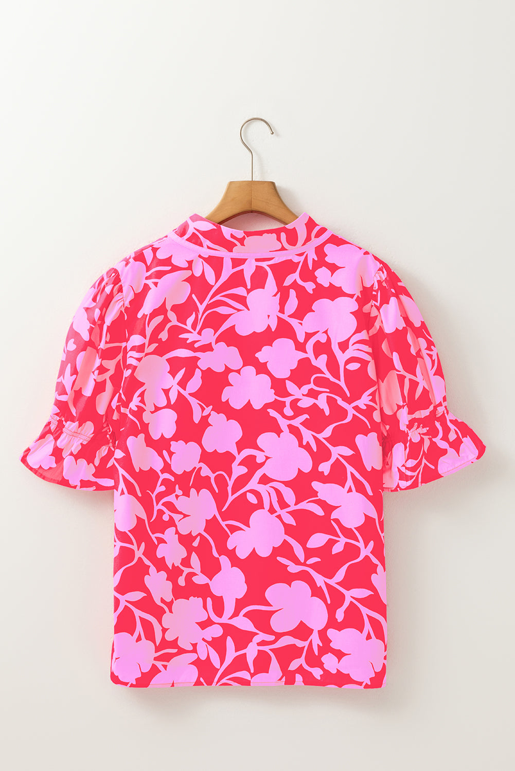 Red Floral Split V-Neck Ruffled Short Sleeve Blouse Top eAura