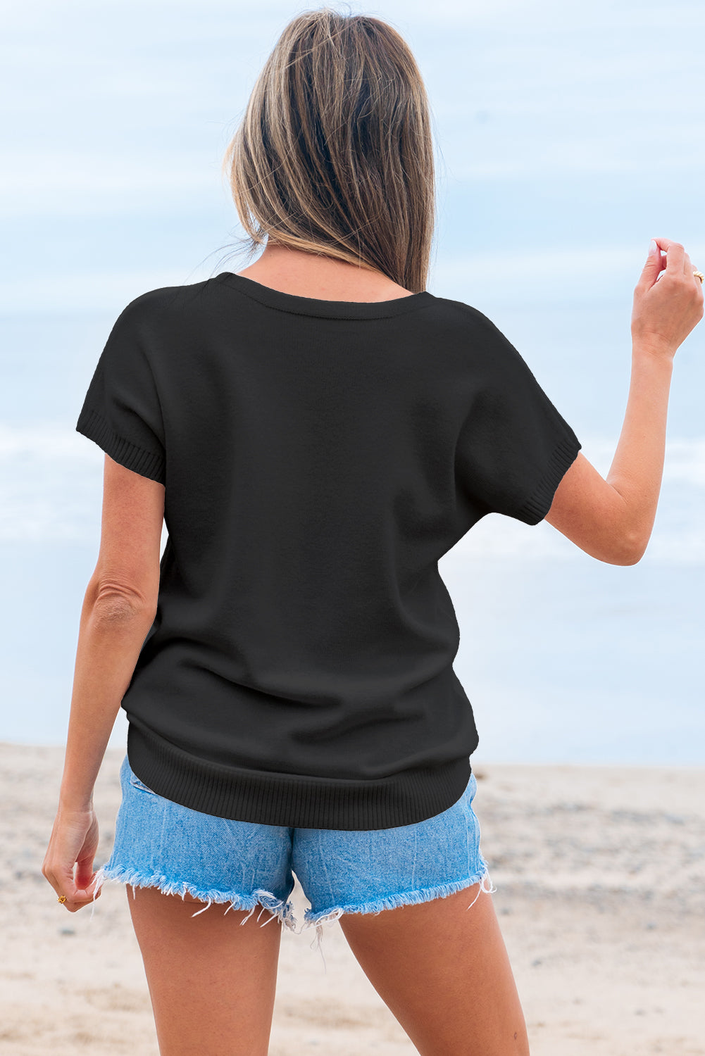 Bow Pattern Knit Short Sleeve Black Sweater eAura