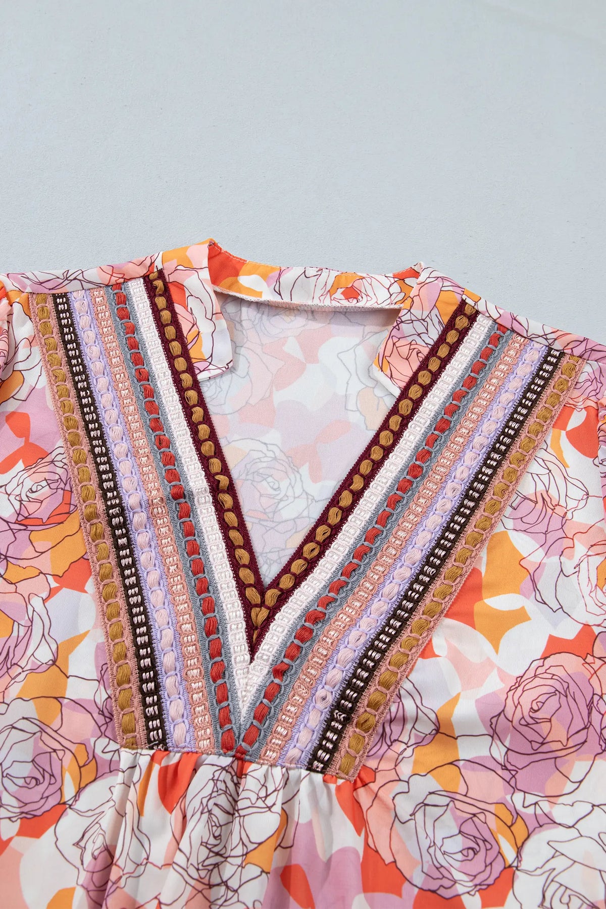 Floral Print V Neck Long Sleeve Shift Blouse – Pink