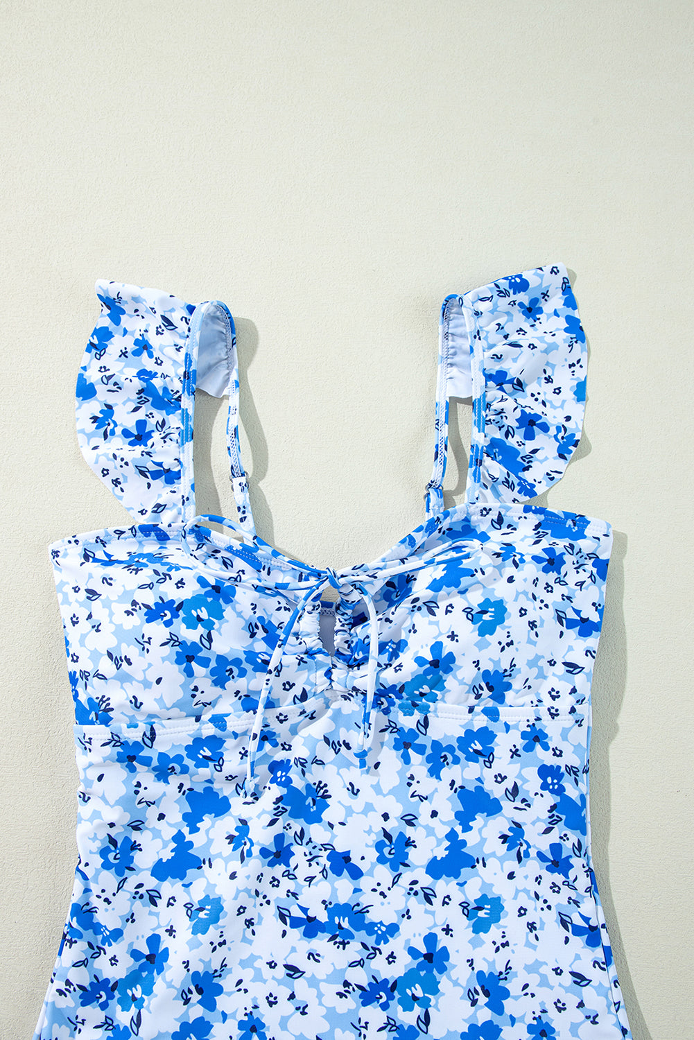 Blue Floral Ruffled Strap Lace-up Hollow Out One Piece Swimsuit eAura