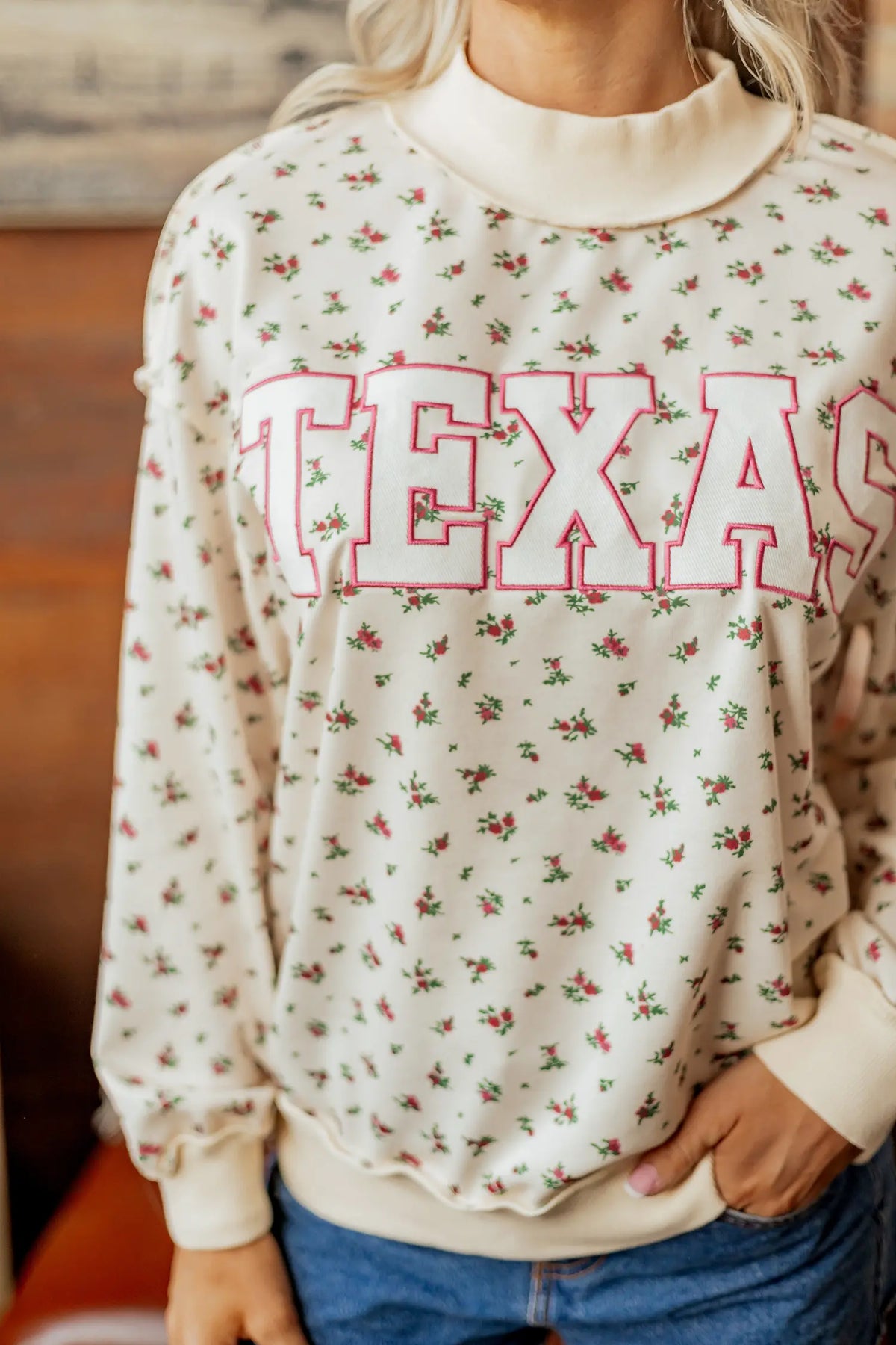 Floral Print Stand Neck Long Sleeve Slogan Sweatshirt – Beige