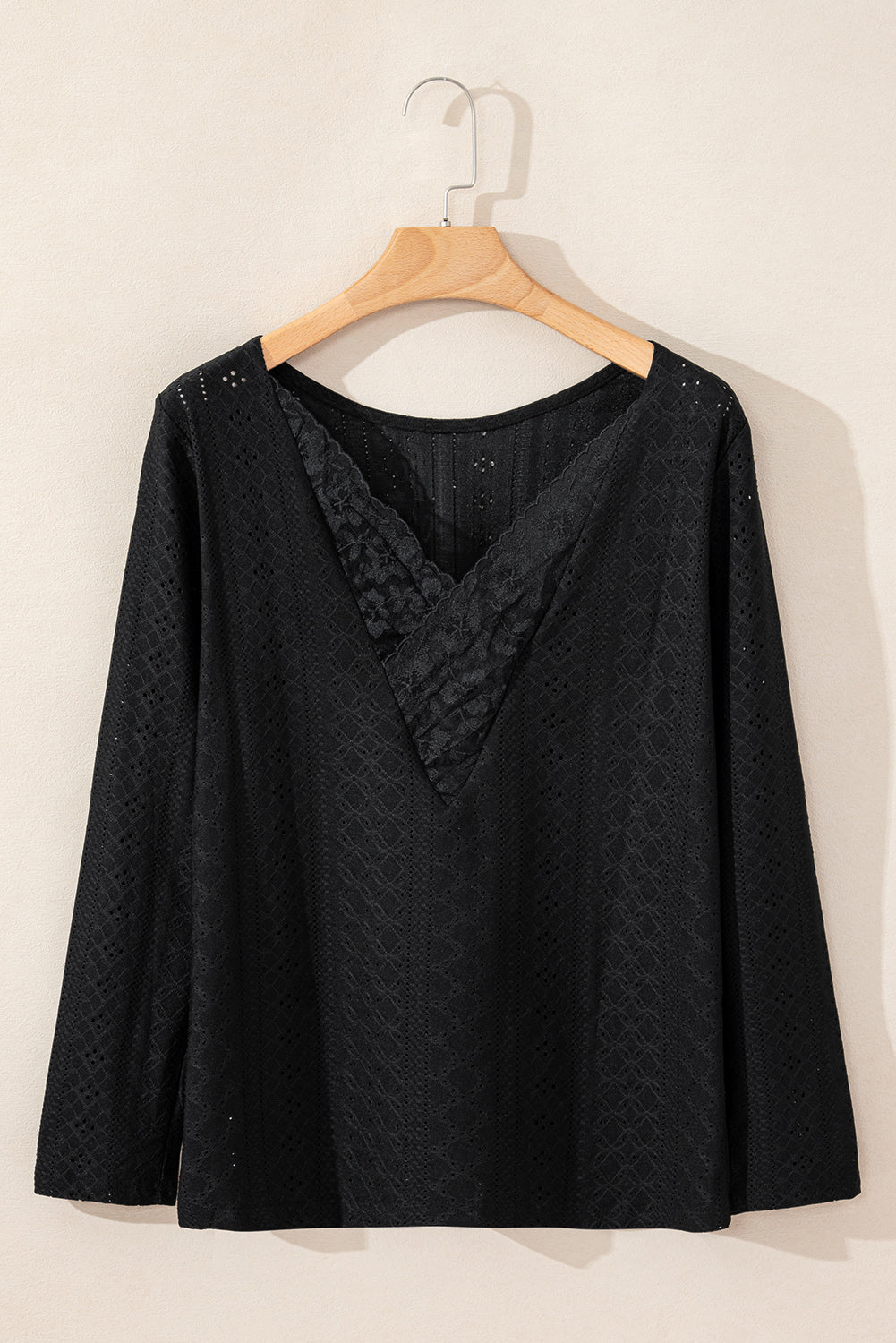 Black Floral Lace Splicing Eyelet Long Sleeve Top eAura