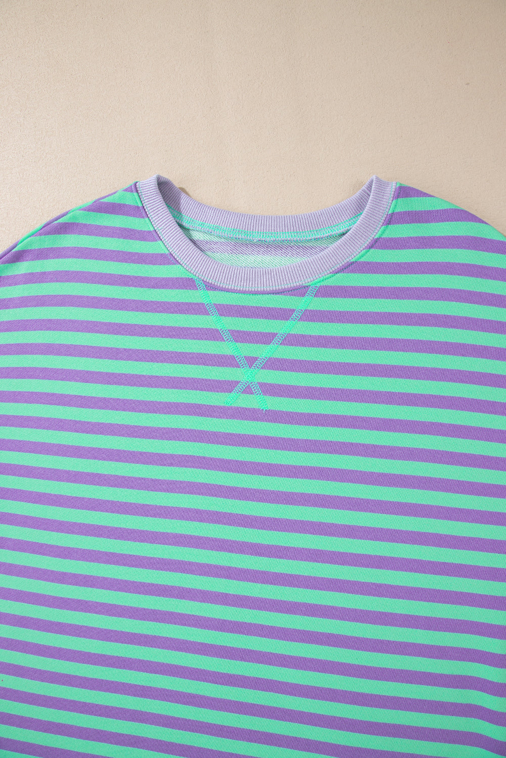 Striped Contrast Ribbed Trim Crossed Stitch Drop Shoulder Sweatshirt - eAura