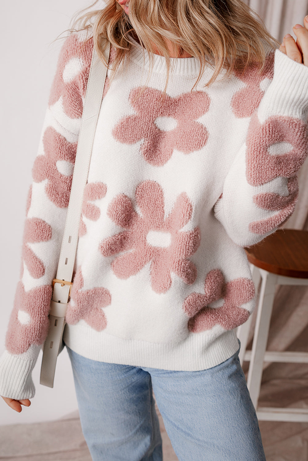 White Textured Flower Drop Shoulder Loose Sweater eAura