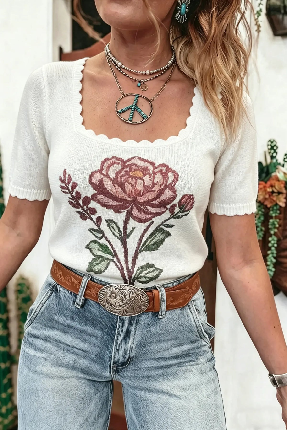 Western Floral Print Short Sleeve Square Collar Knit Sweater – White