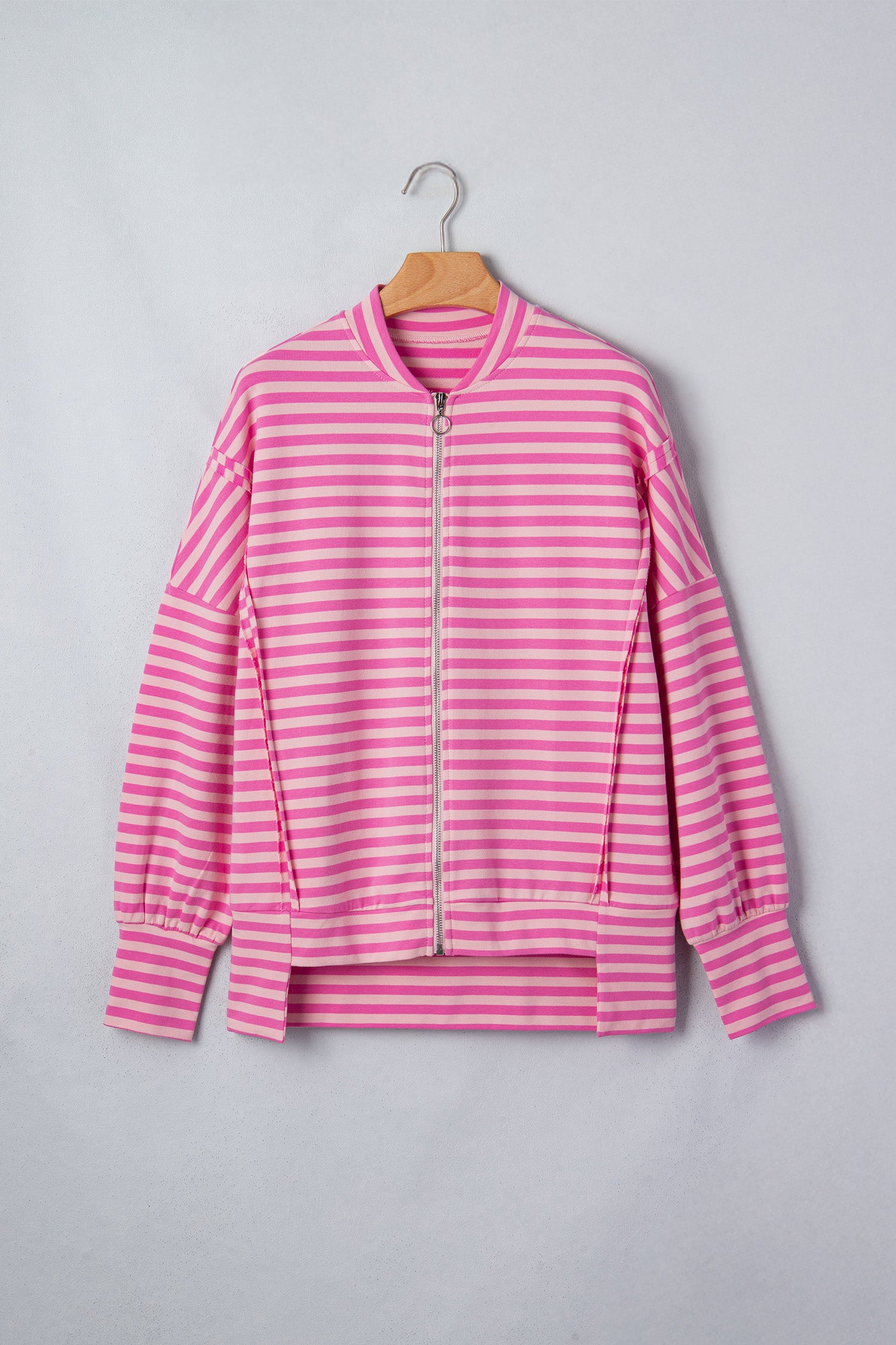 Zip-up Puff Sleeve Zip Jacket Sweatshirt – Pink Stripe