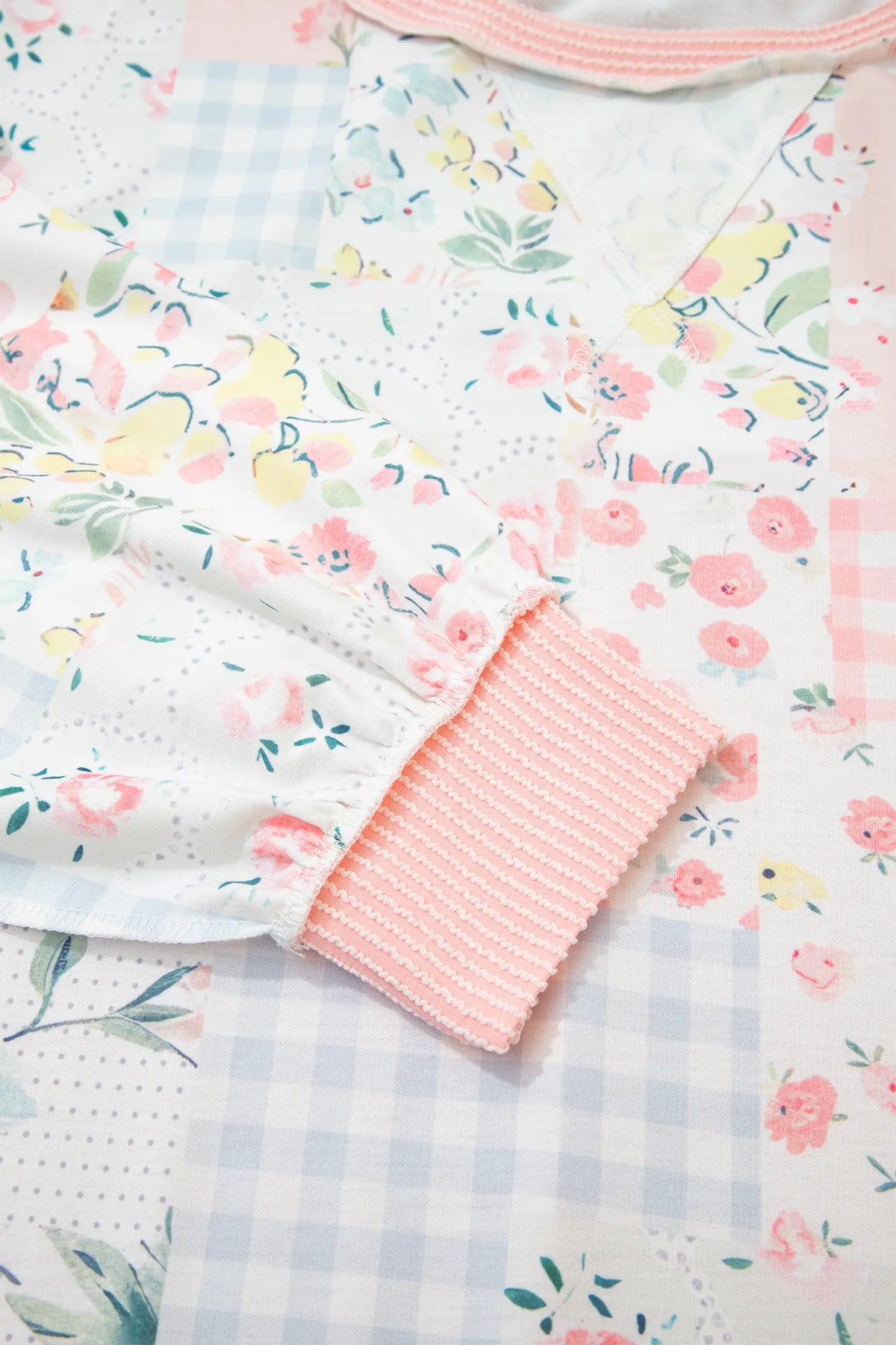 Patchwork Floral Print Long Sleeve Tunic Plus Size Blouse – Pink