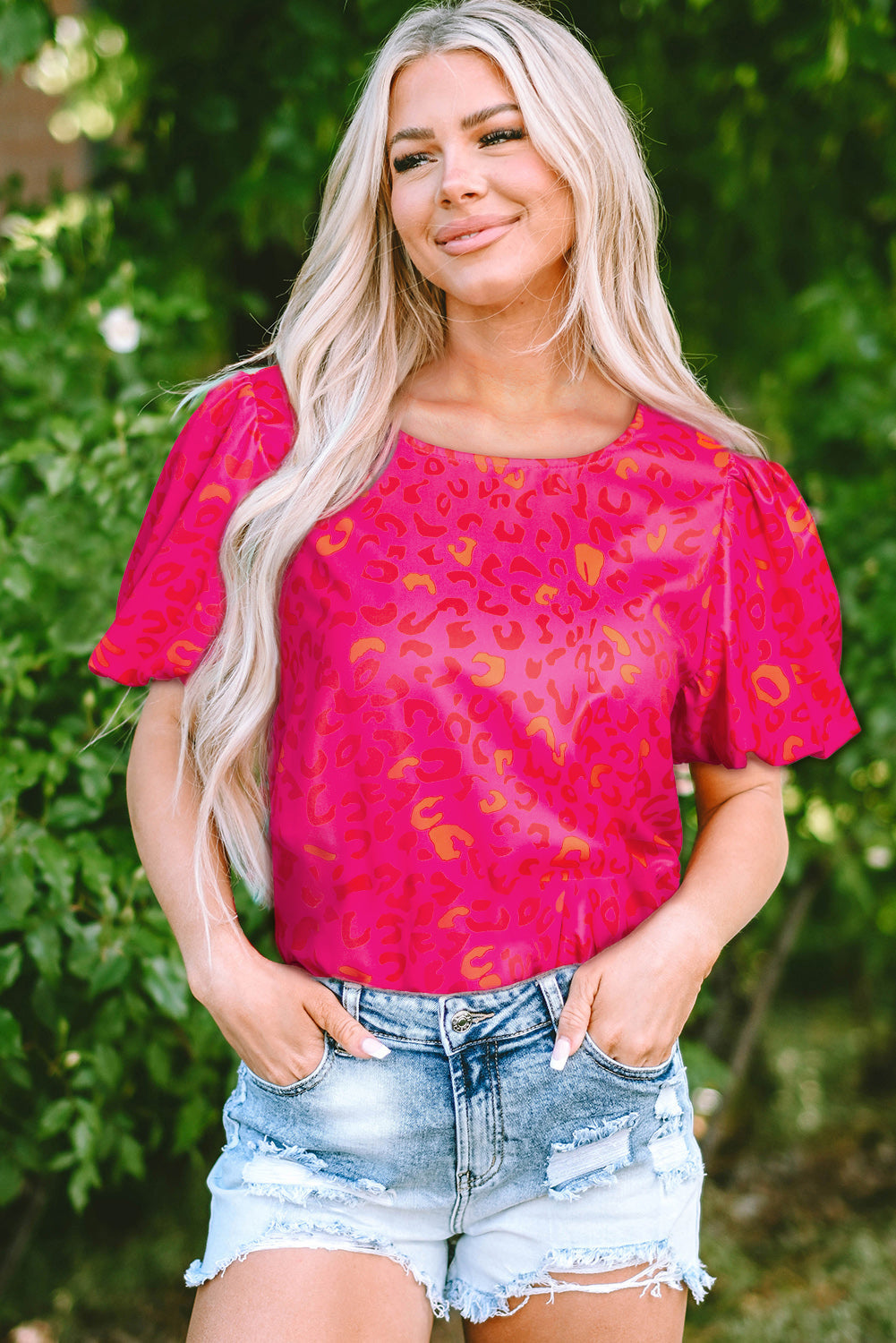 Rose Leopard Printed Puff Sleeve Top eAura