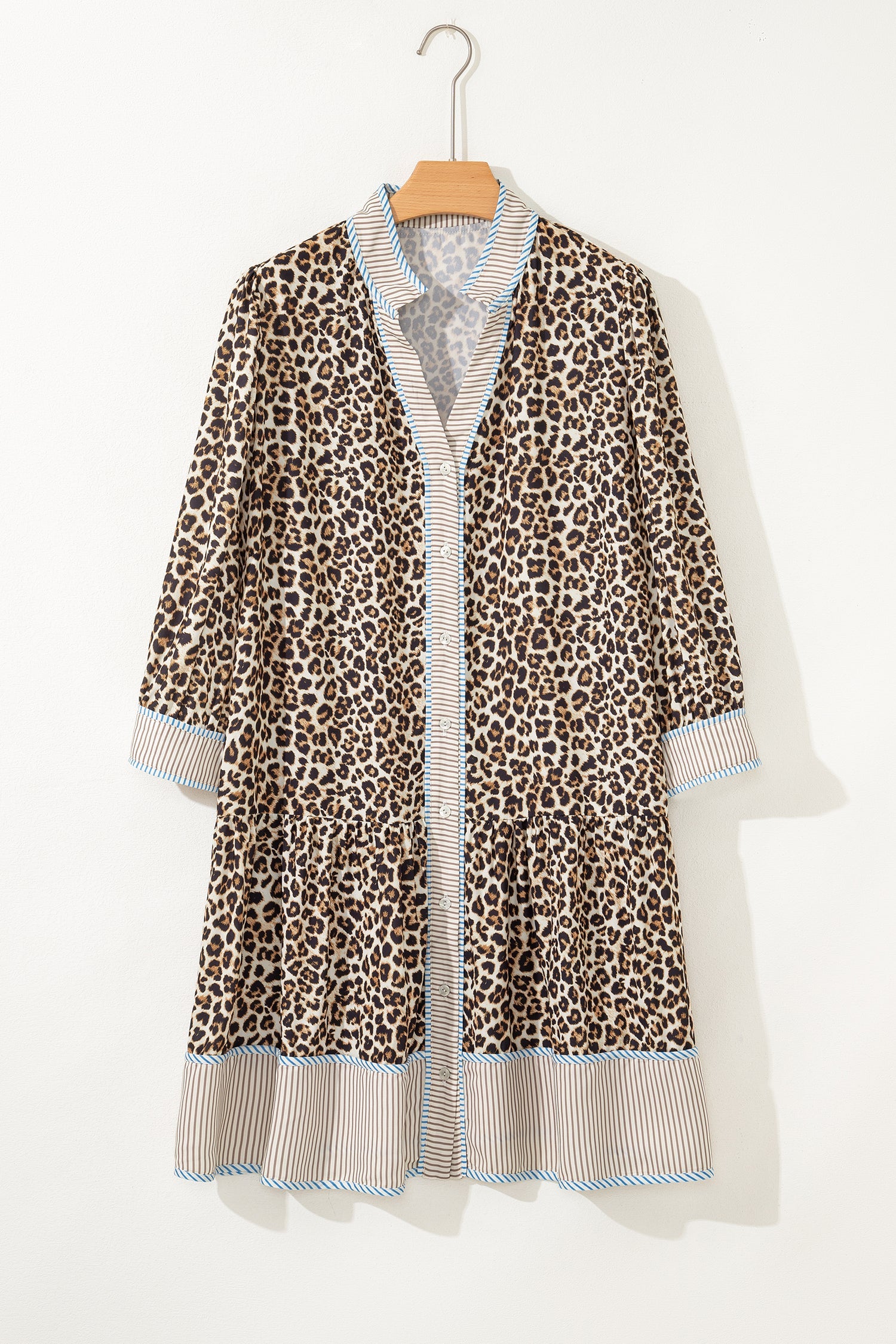 Plus Size Leopard Print Striped Trim V-Neck Drop Waist Long Sleeve Mini Dress - eAura