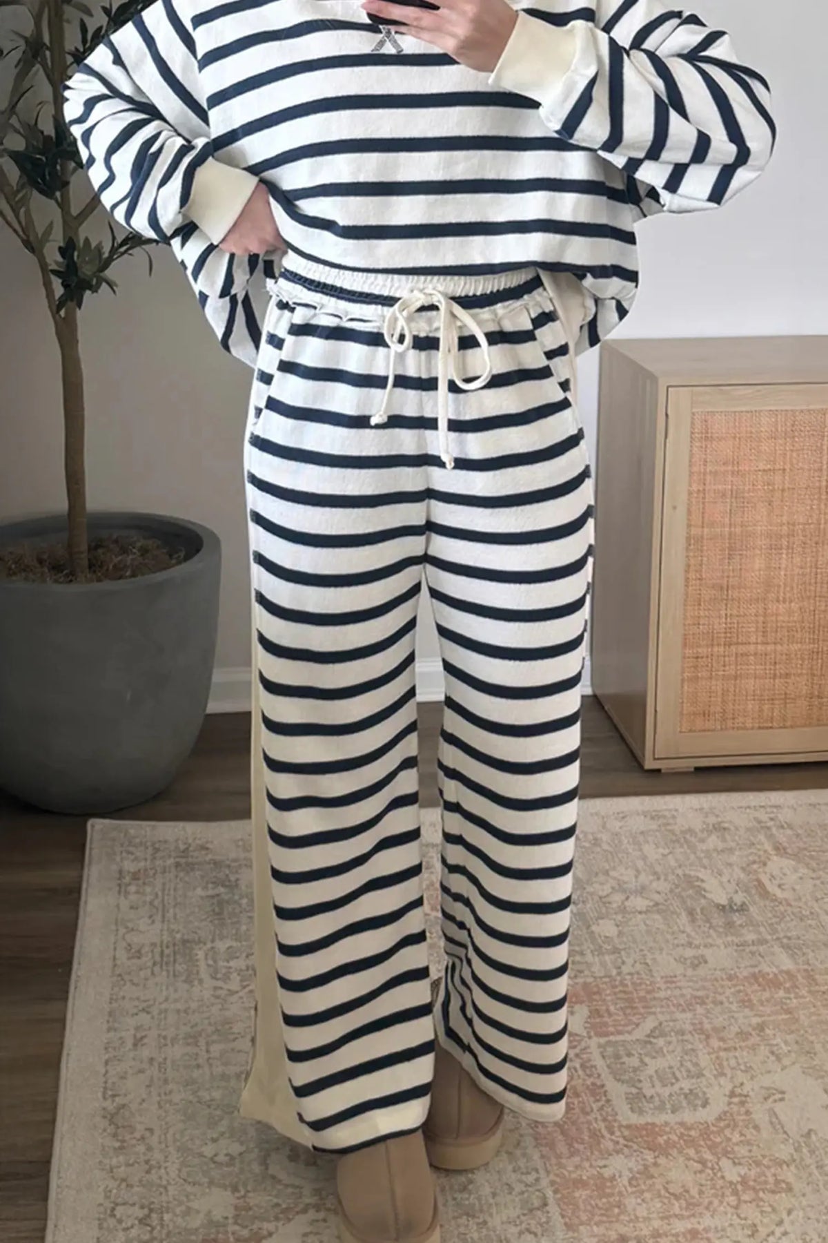 Striped Ribbed Cuff Collar Pocket Loose Pant Set – Blue Stripe
