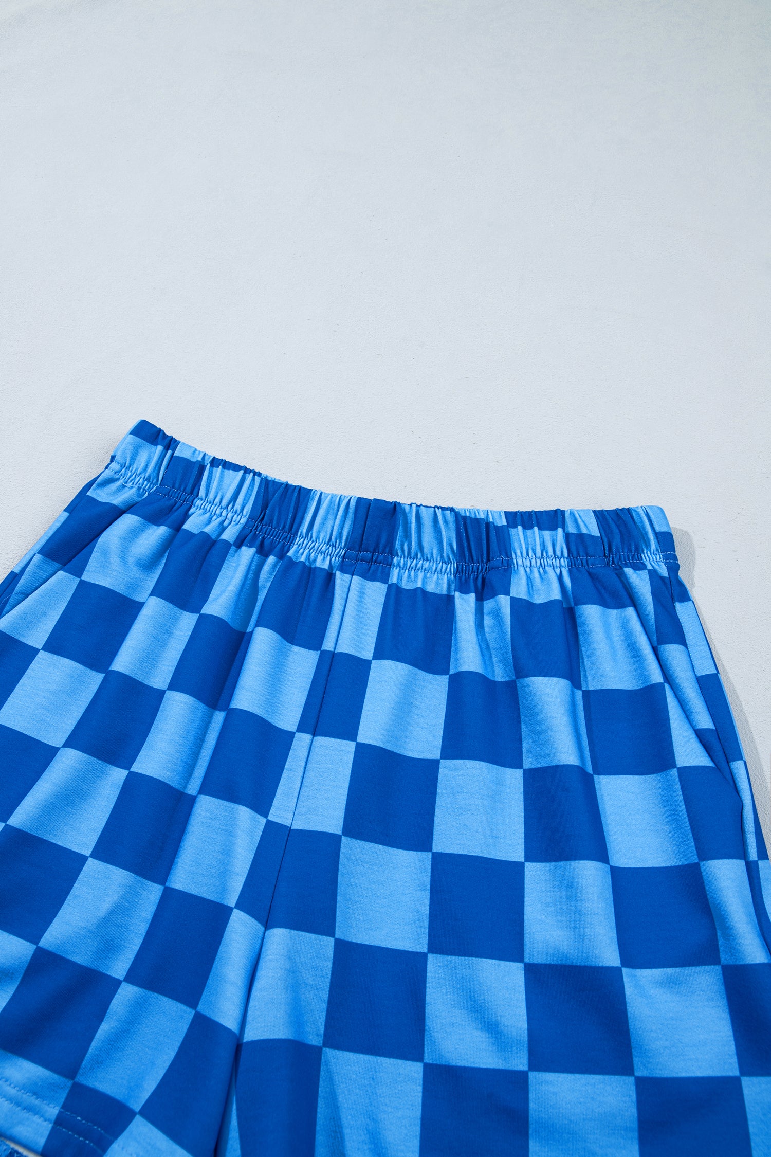 Plaid Checkered Long Sleeve Crop Top Elastic Waist Shorts Two Piece Set – Dark Blue