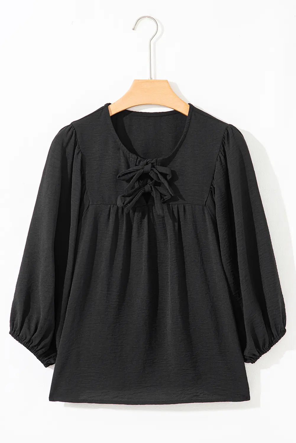 Black Bow Tie Neck 3/4 Sleeve Casual Blouse - Tops/Blouses & Shirts