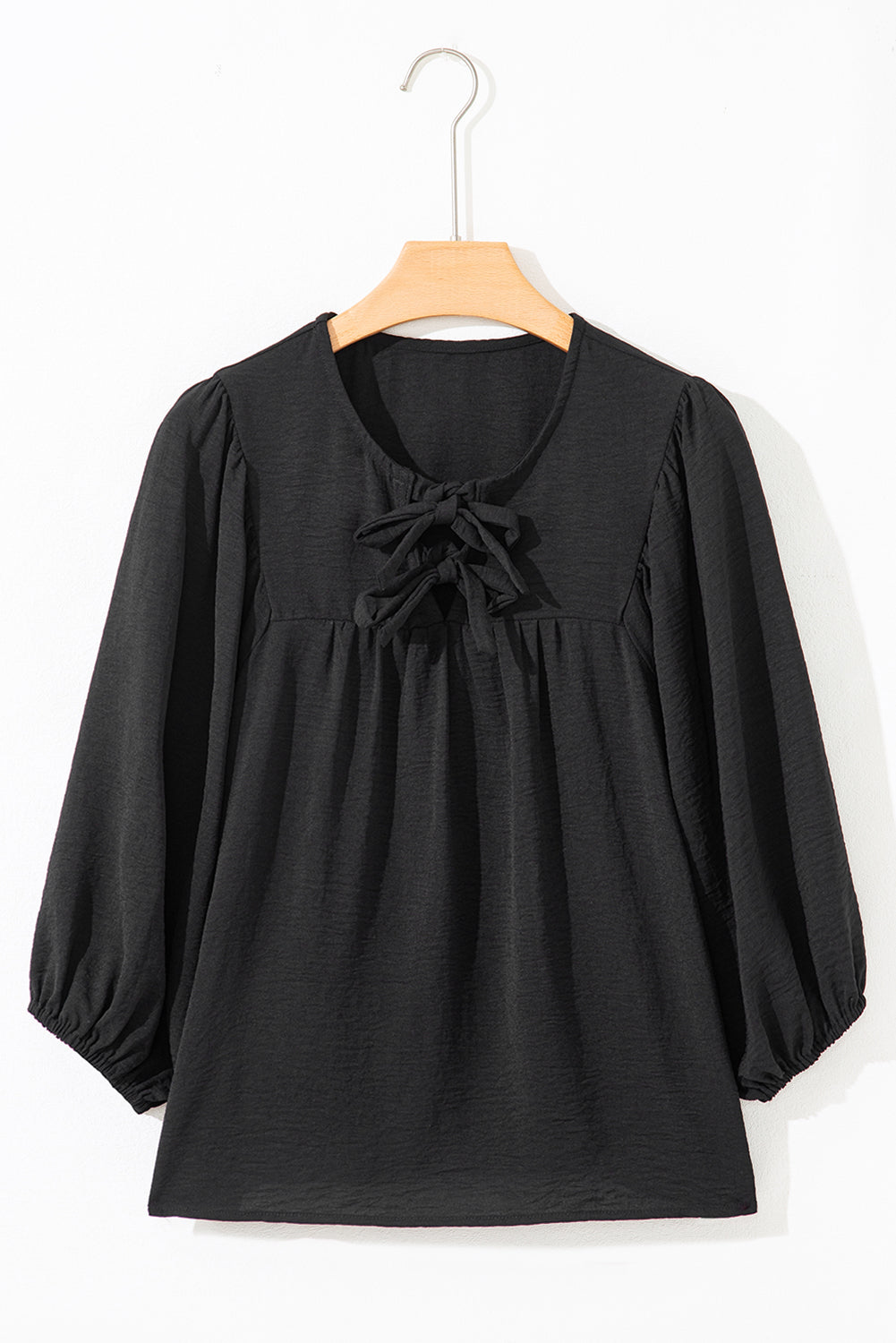 Black Bow Tie Neck 3/4 Sleeve Casual Blouse - Tops/Blouses & Shirts