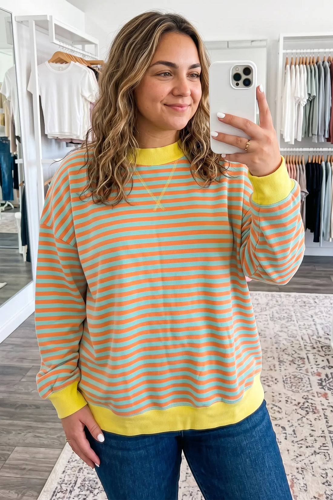 High Neck Striped Colourblock Tunic Plus Size Sweatshirt – Orange Stripe