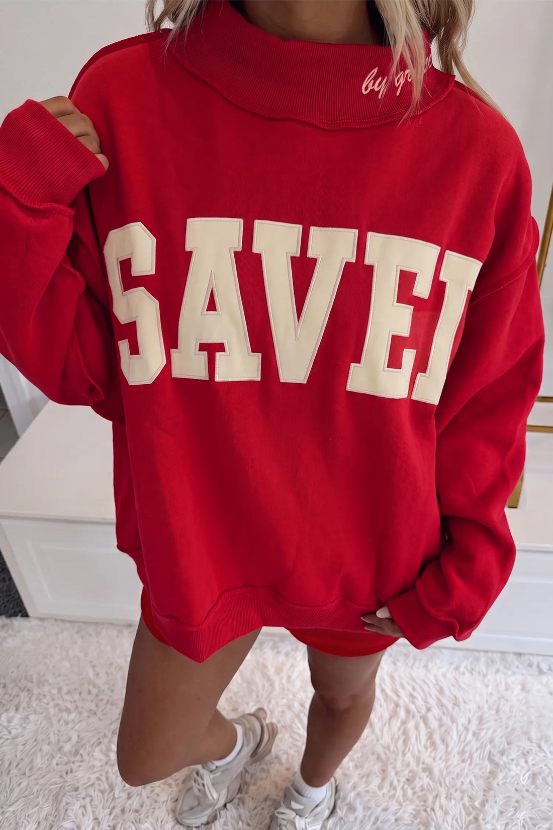 Saved By Grace Embroidered Detail Letter Graphic High Neck Sweatshirt