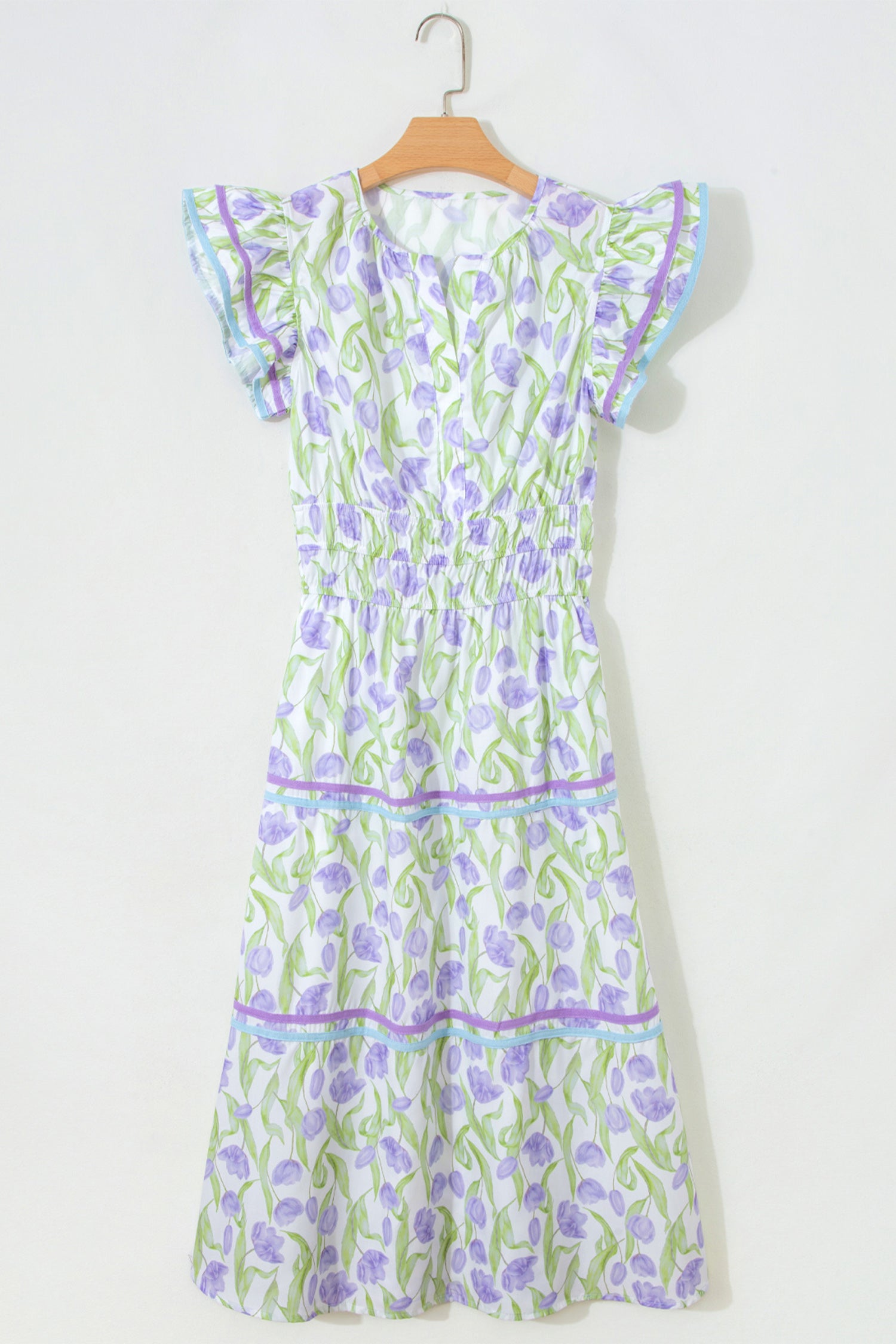 Tulip Floral Print Contrast Trim Midi Dress – Purple