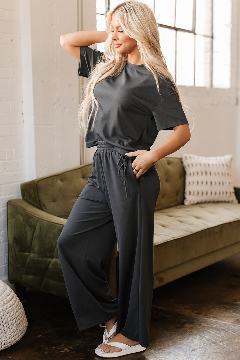 Dark Grey Drawstring Side Crewneck Tee and Loose Trousers Set eAura