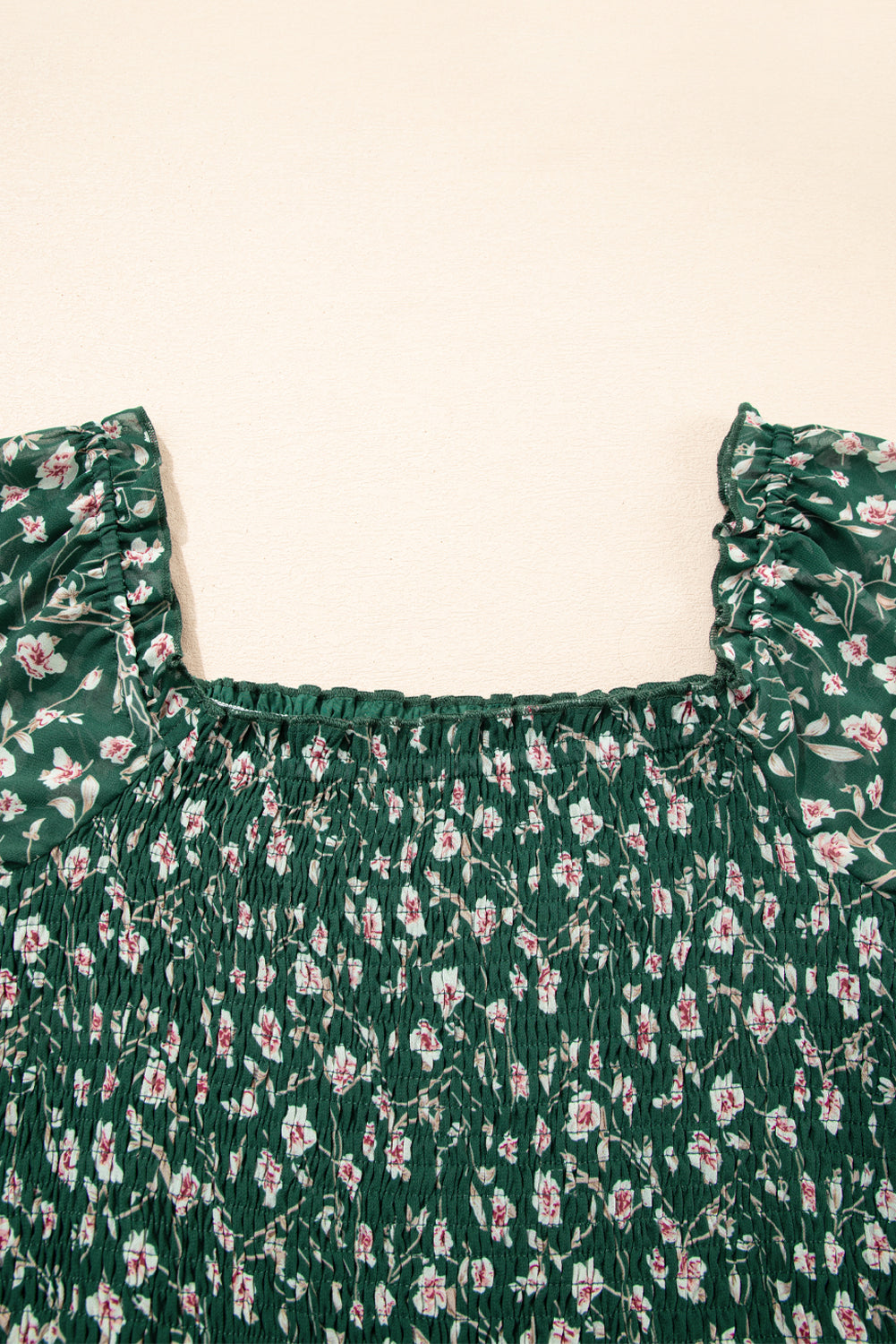 Green Smocked Square Neck Puff Short Sleeve Floral Dress eAura