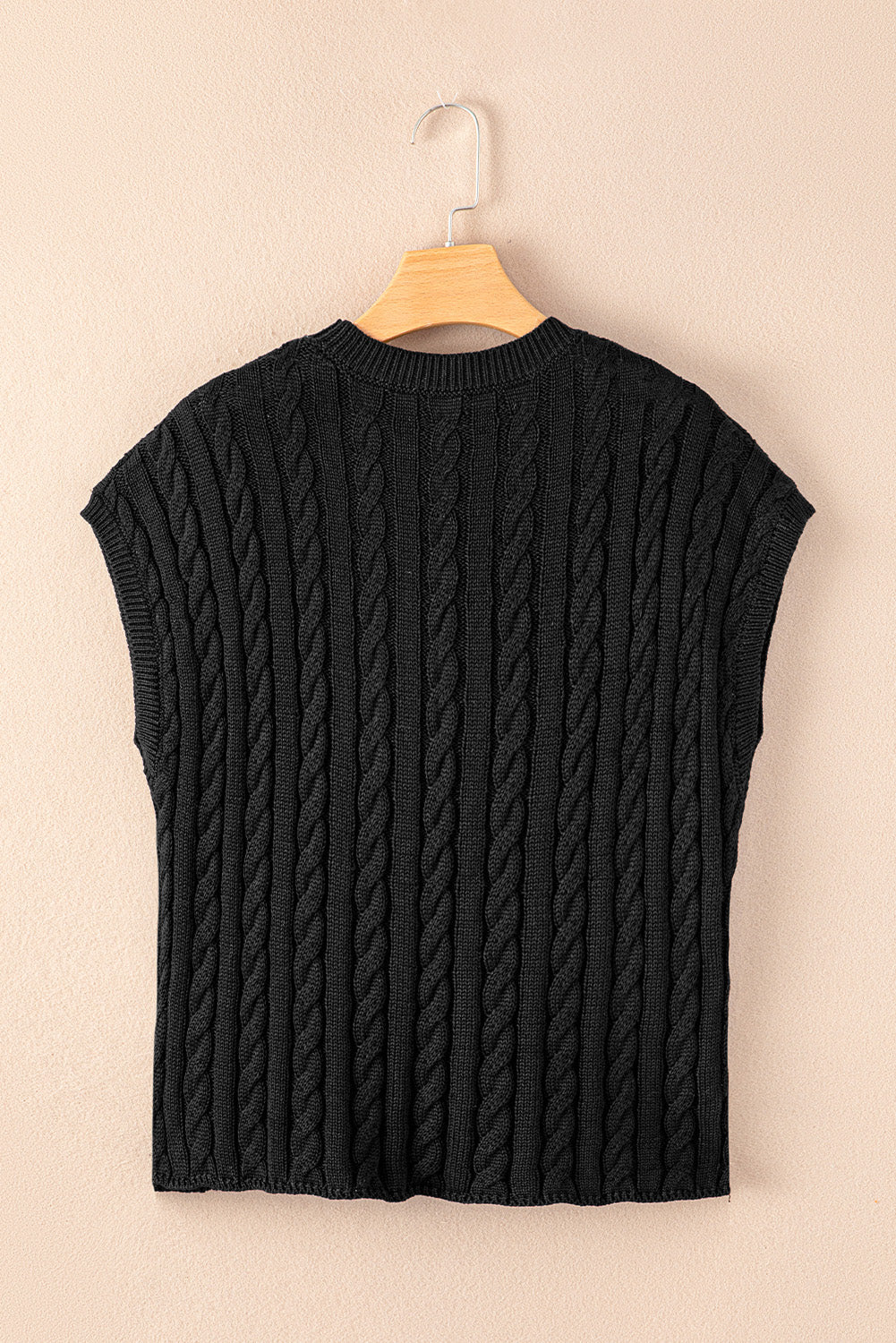 Black Crew Neck Cable Knit Short Sleeve Sweater eAura