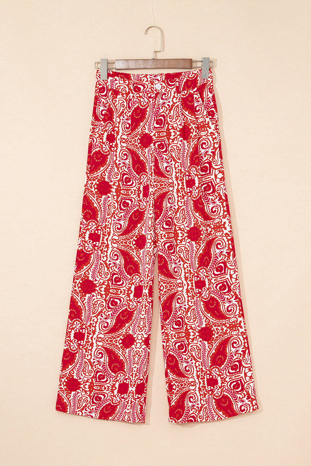 Red Paisley Printed Buttoned High Waist Straight Leg Trousers eAura