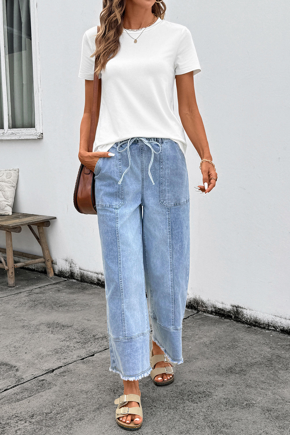 Drawstring Seam Detail Raw Hem Wide Leg Denim Jeans - eAura