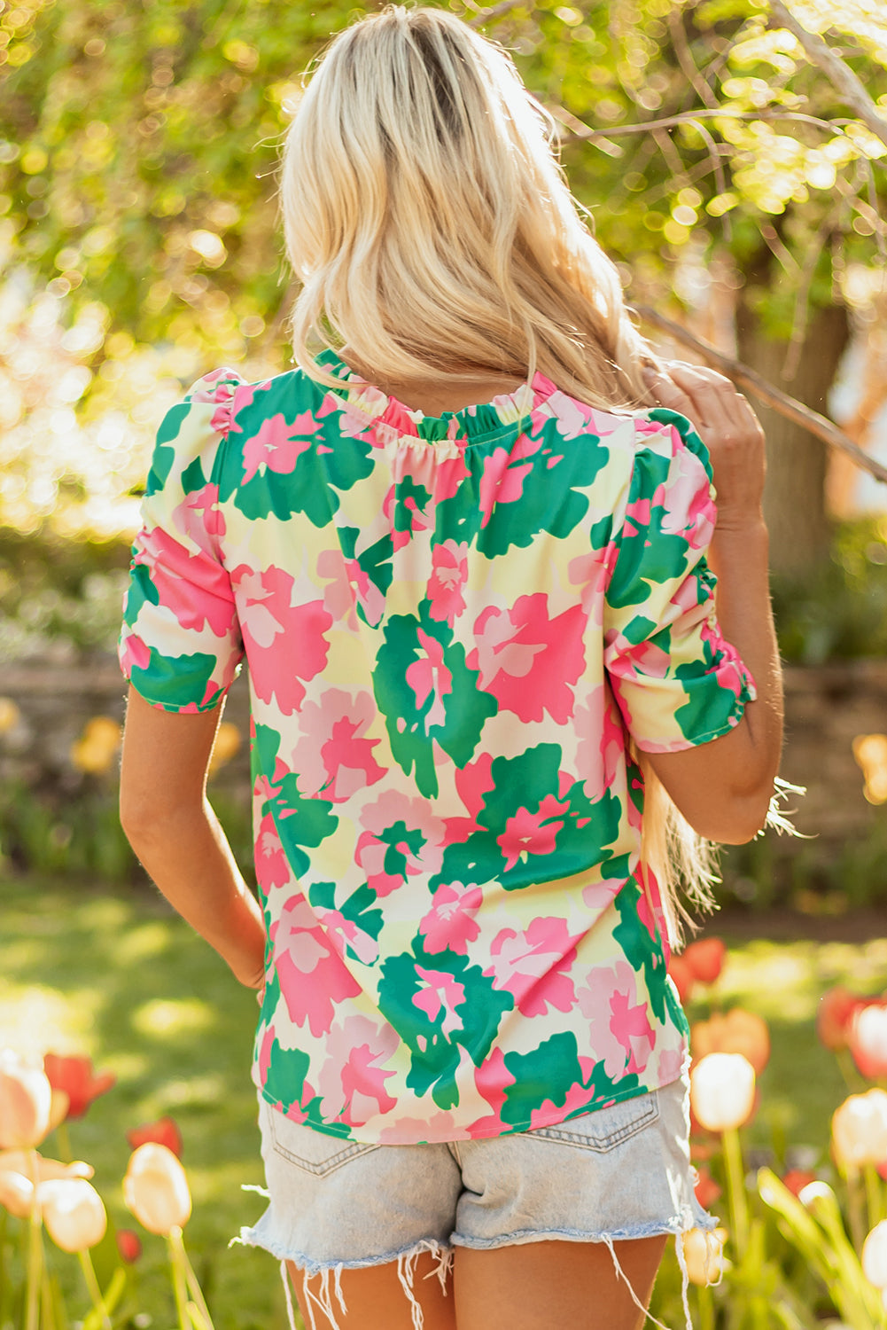 Green Abstract Print Frilly Neck Ruched Short Sleeve Blouse eAura