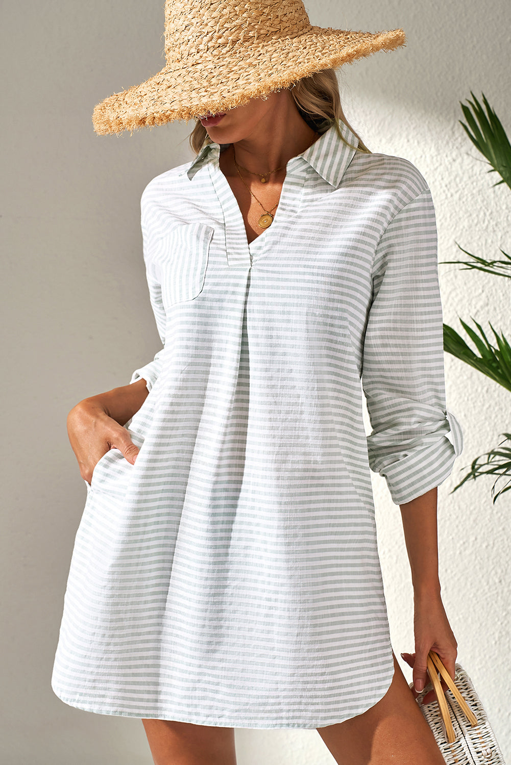 White Stripe Collared V Neck Chest Pocket Long Sleeve Beach Cover up eAura