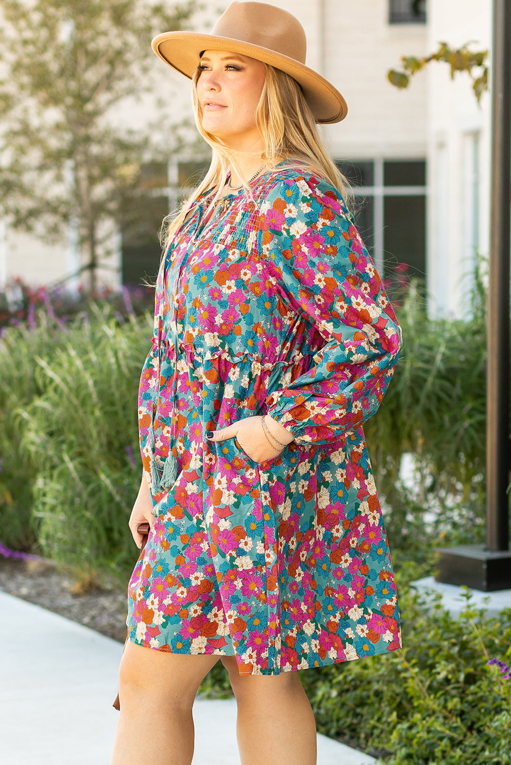 Sky Blue Plus Size Floral Print Shirred Ruffle Tiered Mini Dress BB Fashion Outlet